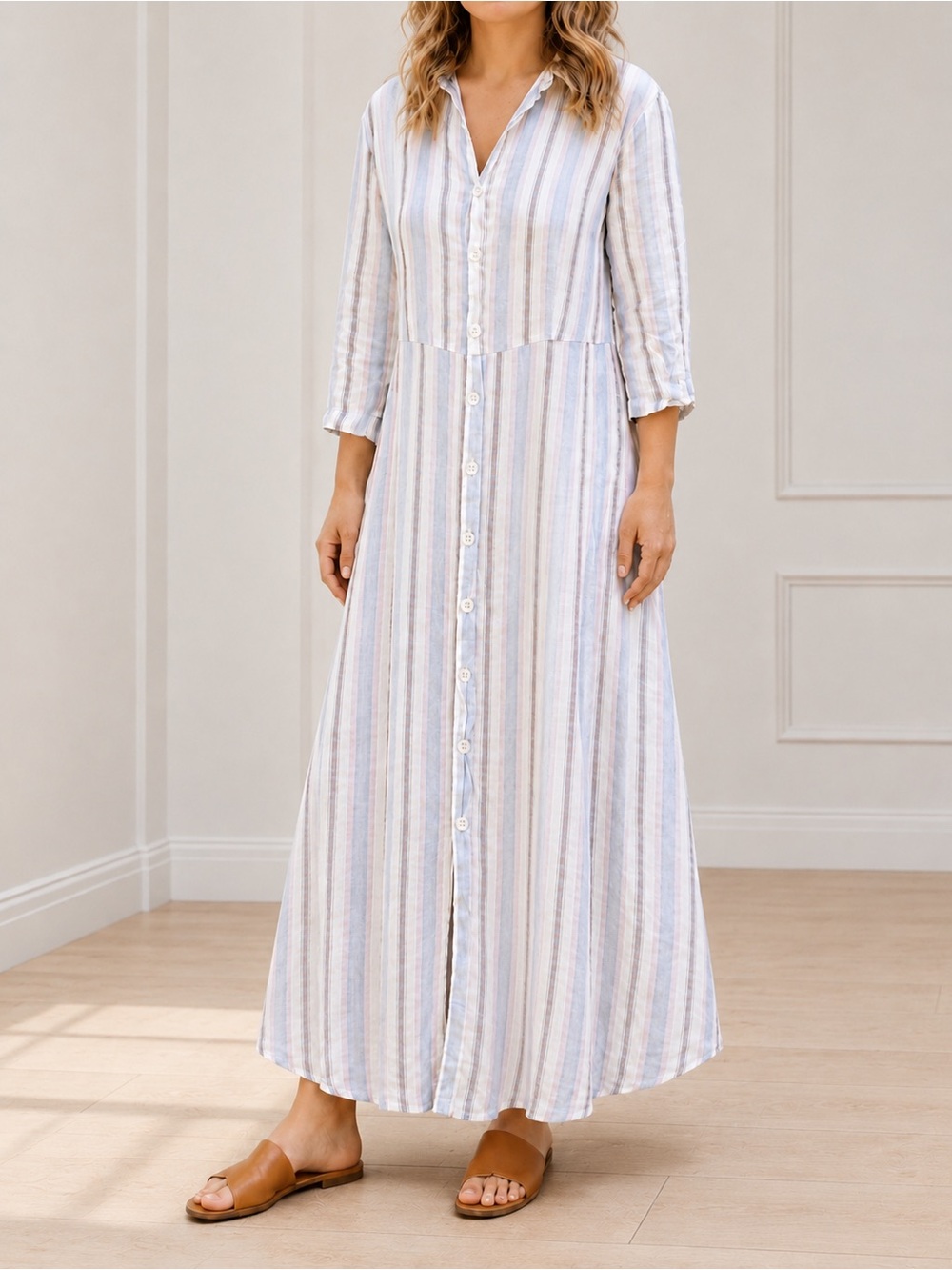 CP Shades Michelle Dress Size Medium Linen Stripe Button Front Maxi Made in USA